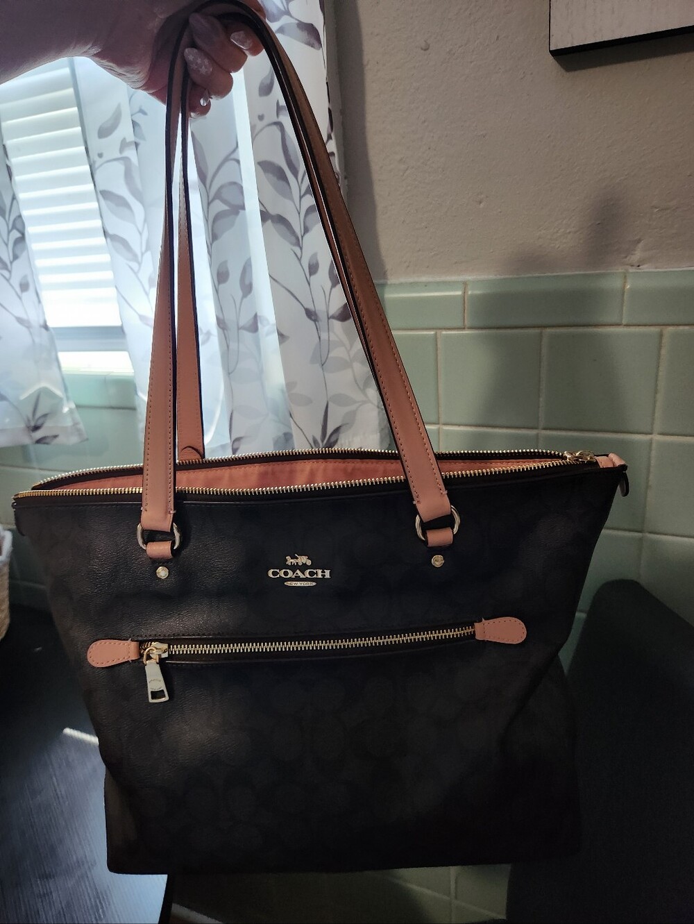 Coach Brown Signature Tote with Pink Trim